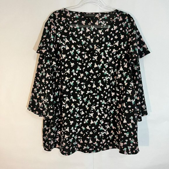 LANE BRYANT BLOUSE 18/20 BLACK FLORAL PRINT TIERED RUFFLE SLEEVE V NECK PINK GRE - Picture 2 of 10